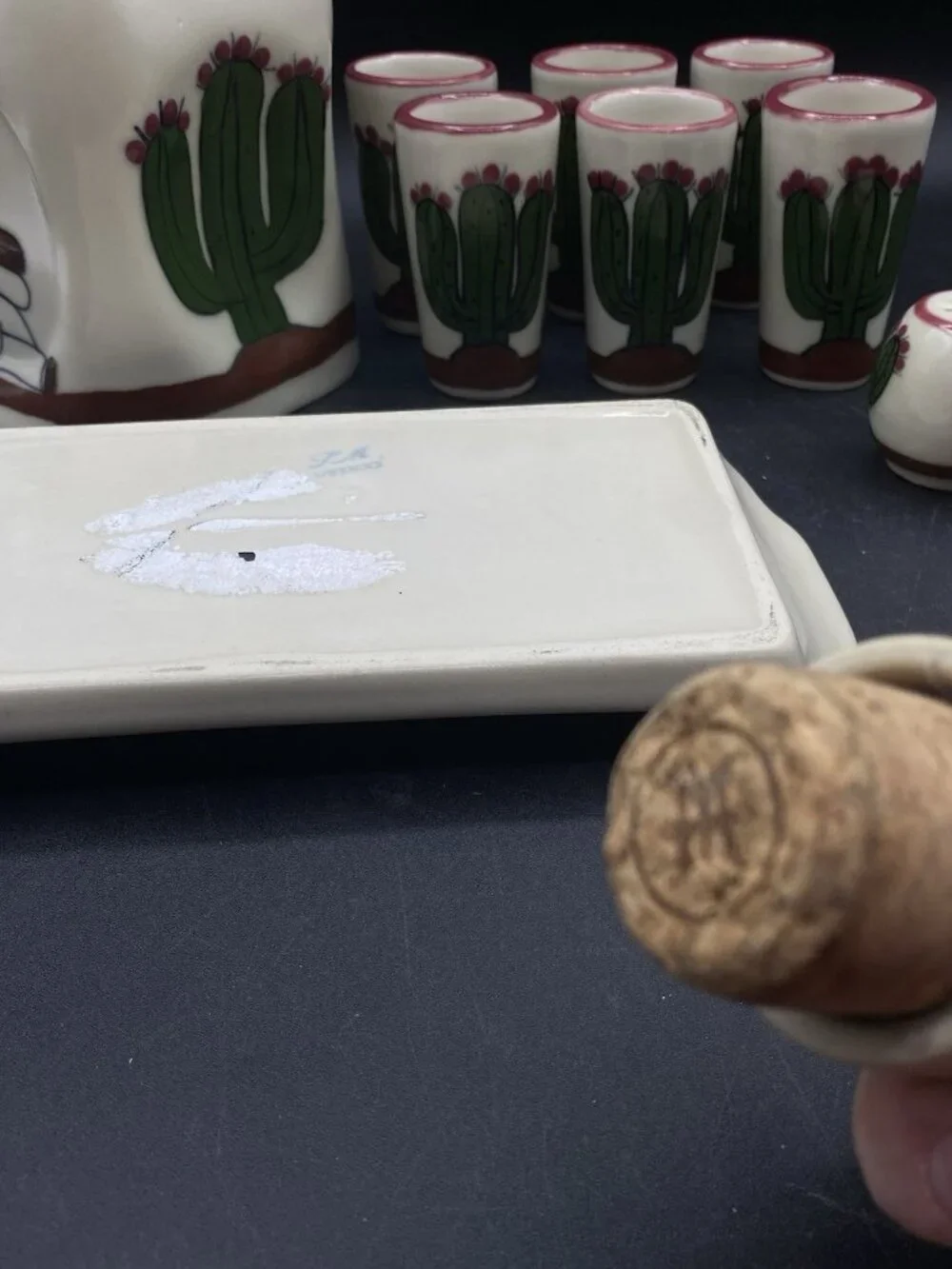 LM Mexico Tequila Sombrero Cactus Set Shot Glasses Salt Shaker Tray Vitrified ￼